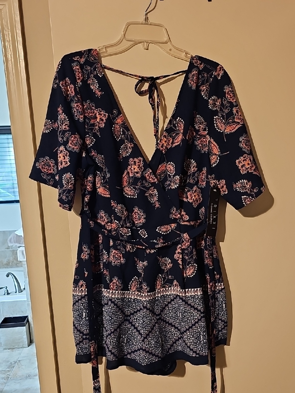 Trixxi Navy Blue Floral Wrap Shorts Romper with Pink Print